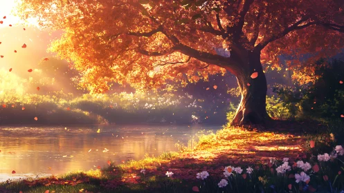 Golden autumn tree over riverside clearing at sunset.