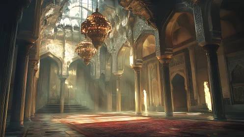 Sunlit palace hall where drifting dust crowns the chandeliers.