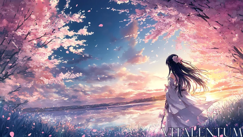 Girl in soft sunset light under drifting cherry blossoms.