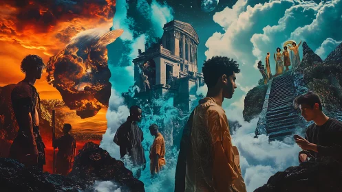 Surreal celestial journey divides fiery chaos and calm sky