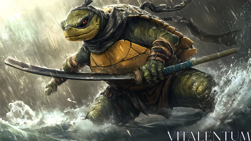 Anthropomorphic turtle warrior strides through storm surf