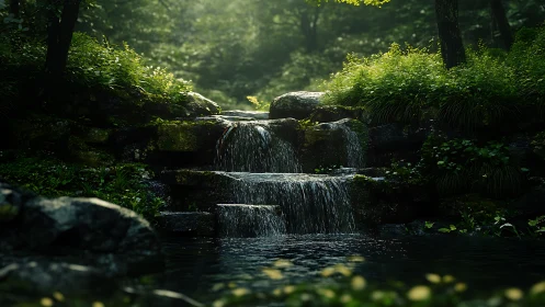 Forest Stream Cascade. Sunlit Water Over Moss-Covered Stone.