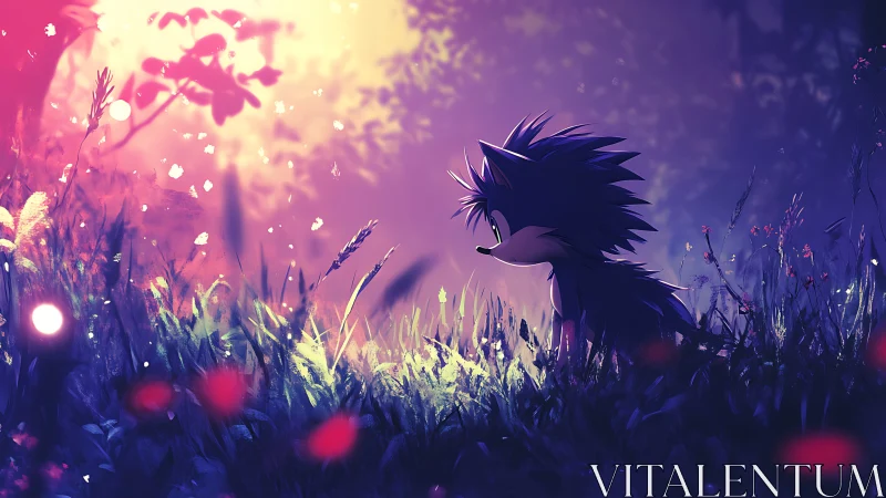 Blue hedgehog silhouette under glowing twilight meadow