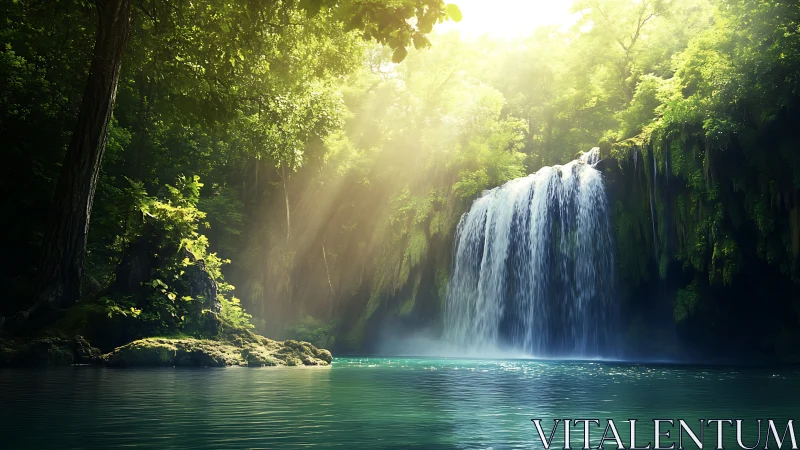 Sunlit jungle waterfall cascading into emerald lagoon.
