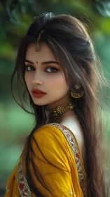 Elegant woman in mustard sari glows against soft green bokeh