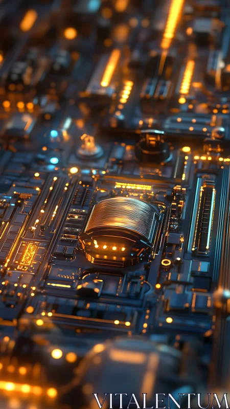Futuristic circuit board glows with dense orange micro lights