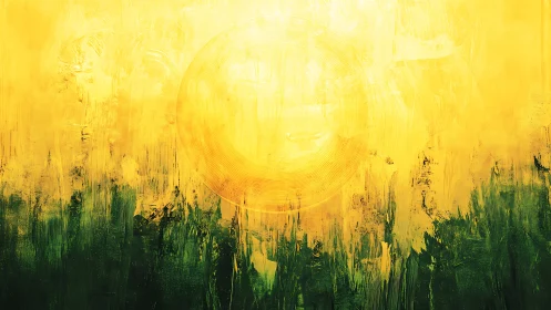 Yellow circular abstract form above dark textured field.