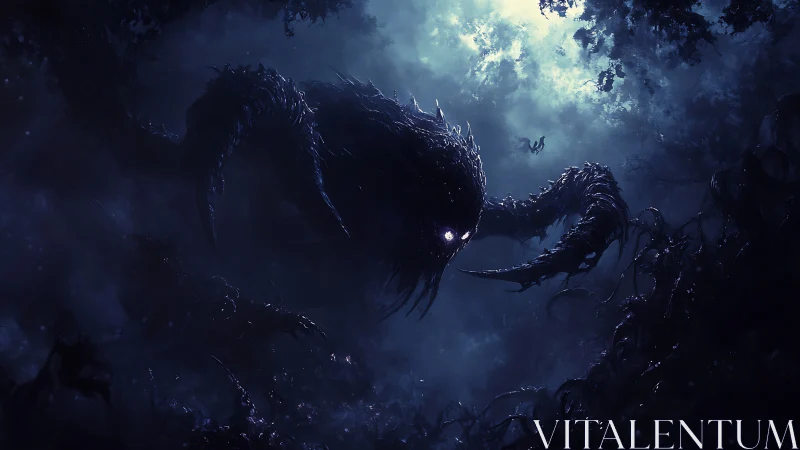 Giant glowing eyed shadow creature advances through forest