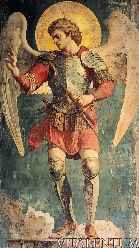 Winged archangel in ornate armor stands against blue sky