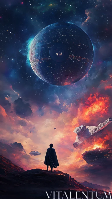 Cloaked figure observes spherical space station and warships