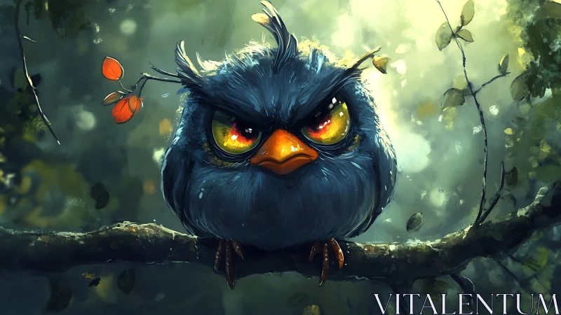 Grumpy Cartoon Owl on Forest Branch, Vibrant Digital Painting Style.