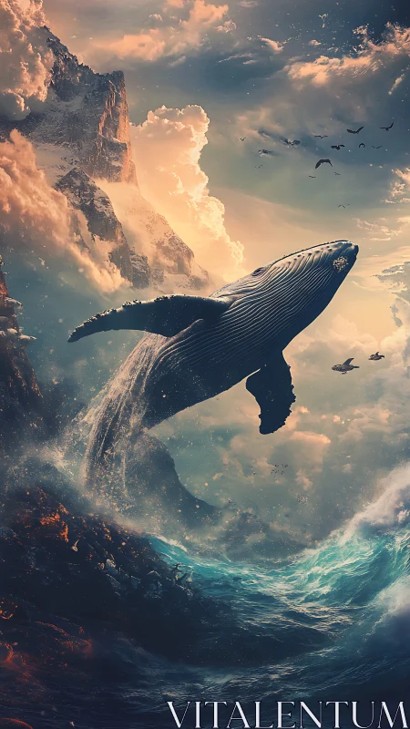 Colossal whale breaches storm sea beneath burning cliffs