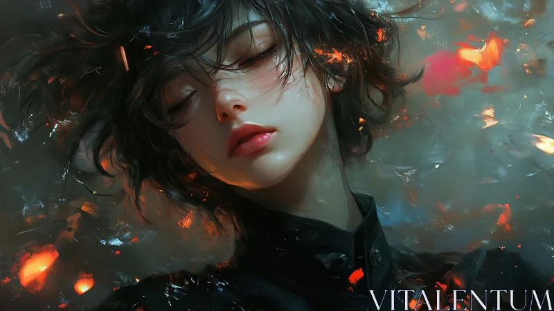 Dreaming portrait drifts through embers and soft bokeh glow.