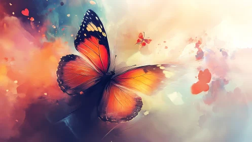 Vibrant orange butterfly in dreamy abstract color clouds.