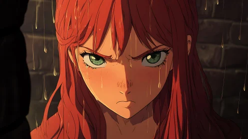 Determined red haired anime girl under dripping water.