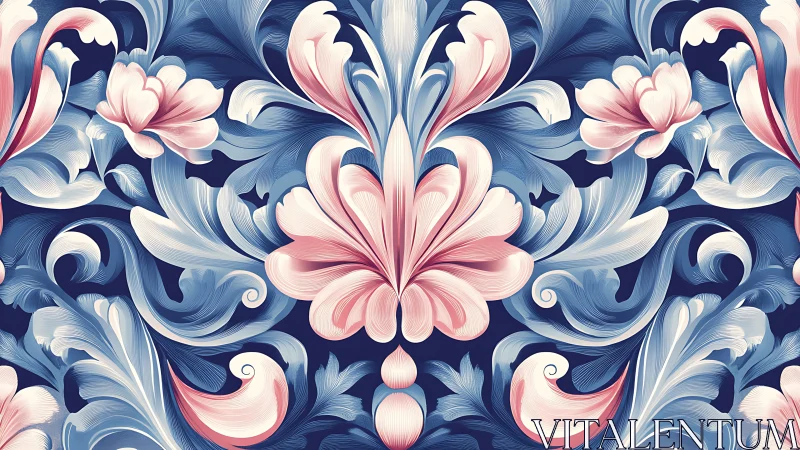 Ornamental floral pattern with blue and pink stylized leaves.