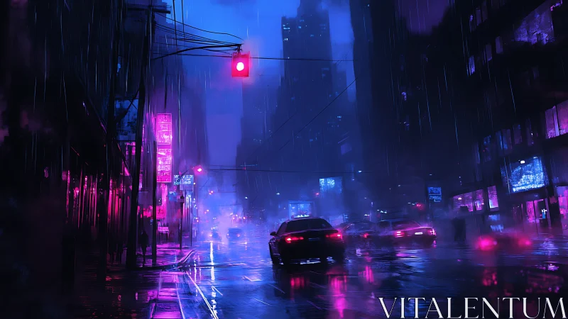 Neon soaked cyberpunk city street in midnight rainstorm.