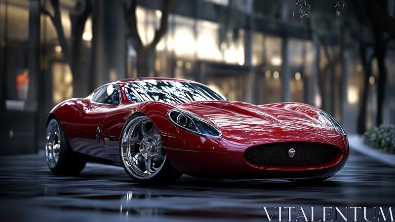 Low-slung crimson grand tourer in reflective urban plaza.