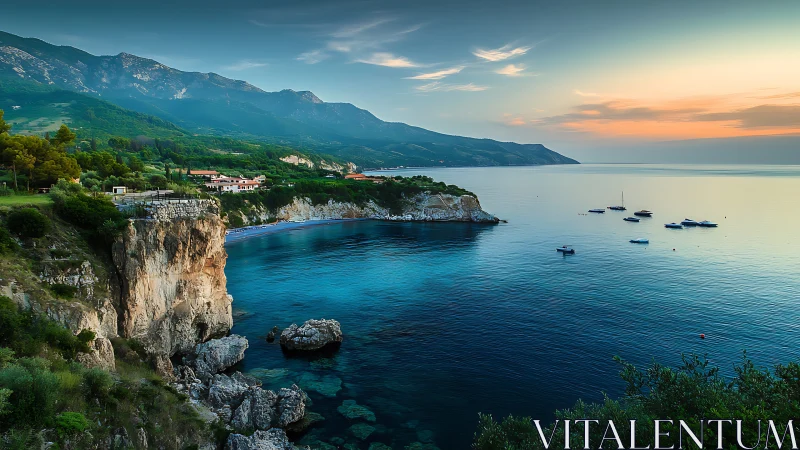 Coastal cliffs and tranquil boats under a soft evening sky.