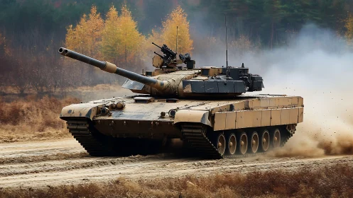 Main battle tank under dynamic field-trial maneuver testing.