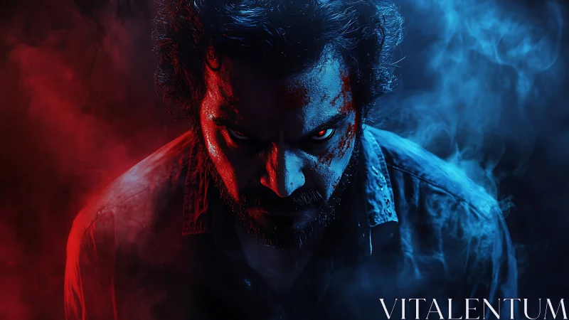 Intense antihero in red and blue haze stares you down.