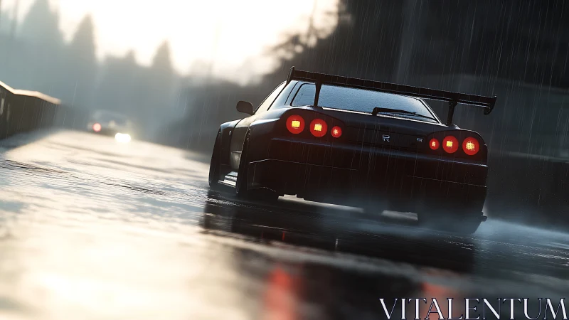 Rainy night drive with a sleek sports car in motion.