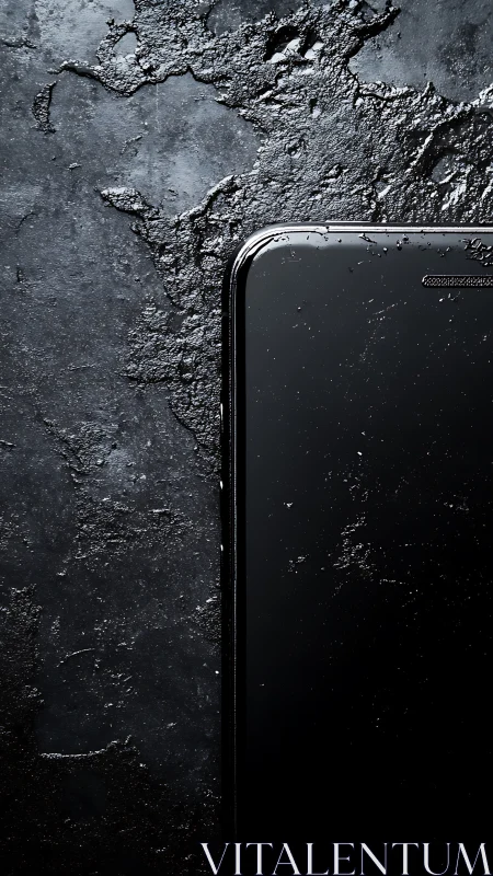 Glossy black smartphone rests against rugged wet stone