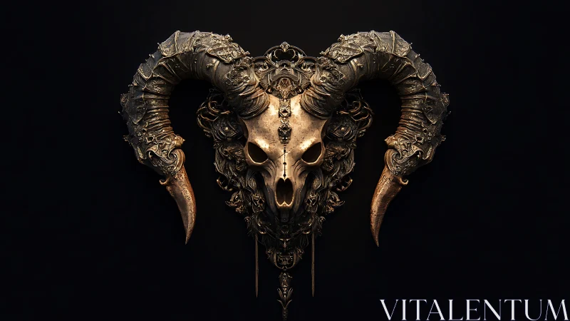 Baroque ram skull emblem emerges from darkness with ominous glow