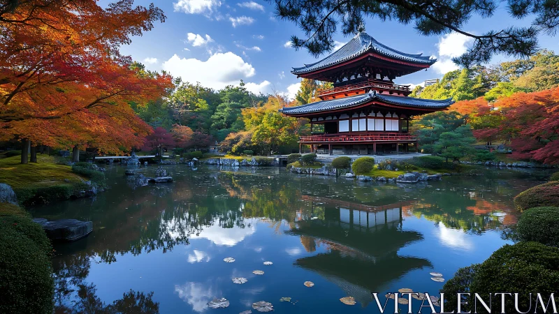 Tranquil Japanese pavilion embraced by autumn reflections.