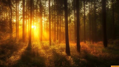 Backlit conifer forest at sunrise with volumetric golden rays