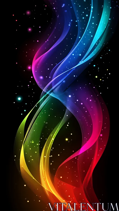 Multicolored light waves on black background with particles.