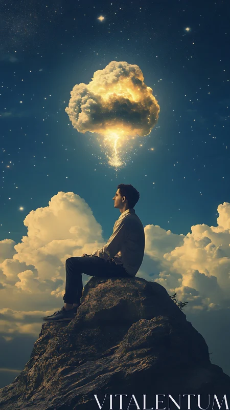 Man on rocky peak visualizing luminous storm cloud mindscape