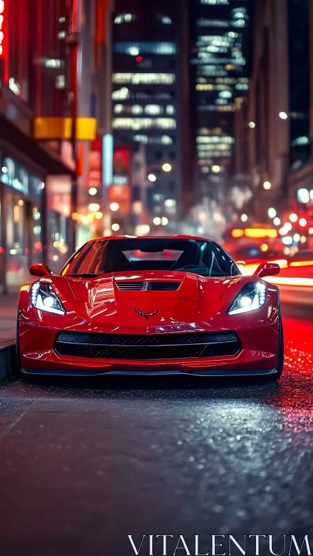 Red sports coupe parked on wet city street at night.