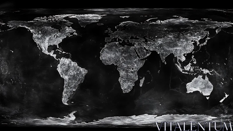 Equal‑area equirectangular night‑lights world map with illuminated cities