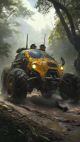 Jungle rover rumbles through misty mud with robot charm.