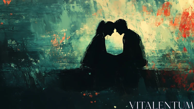 Silhouetted figures in contact against textured painterly background