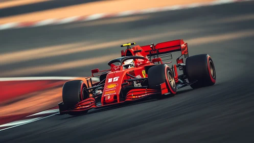 Red Formula 1 car takes fast corner on blurred racetrack