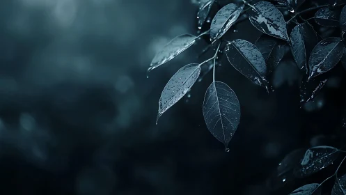 Low key macro foliage with specular raindrop highlights.
