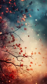 Autumn tree branches with scattered red leaves in misty light.