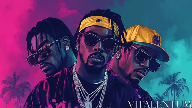 Triadic hip hop portraits glow against neon tropical backdrop