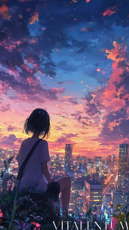 Silhouetted girl observes illuminated city under vivid sunset