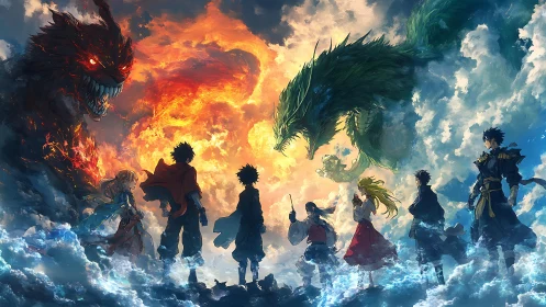 Elemental confrontation frames adventurers amid storm-lit sky