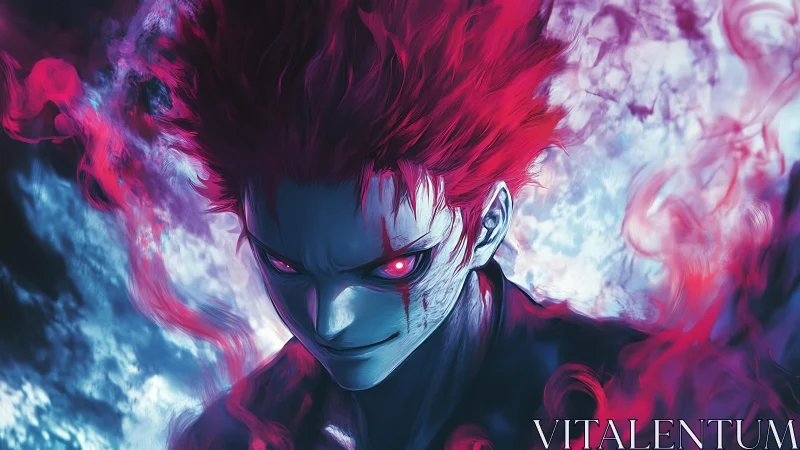 Digital anime portrait with infernal aura and dynamic lighting.