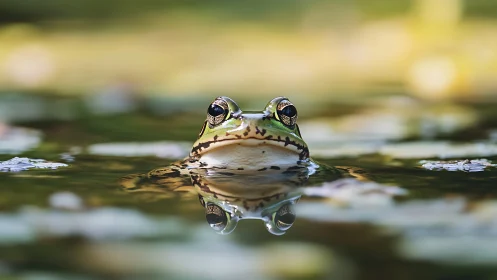 Curious pond frog drifting in calm, mirrorlike water.