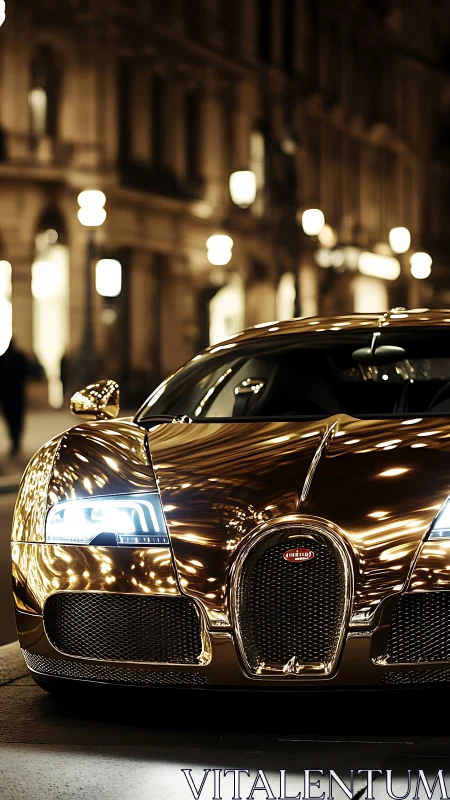 Gold supercar with reflective bodywork under urban night lighting