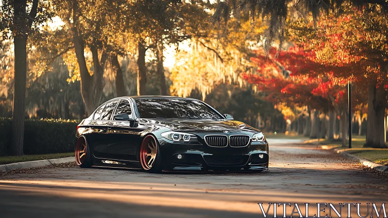 Lowered black sedan sits on custom wheels in autumn street