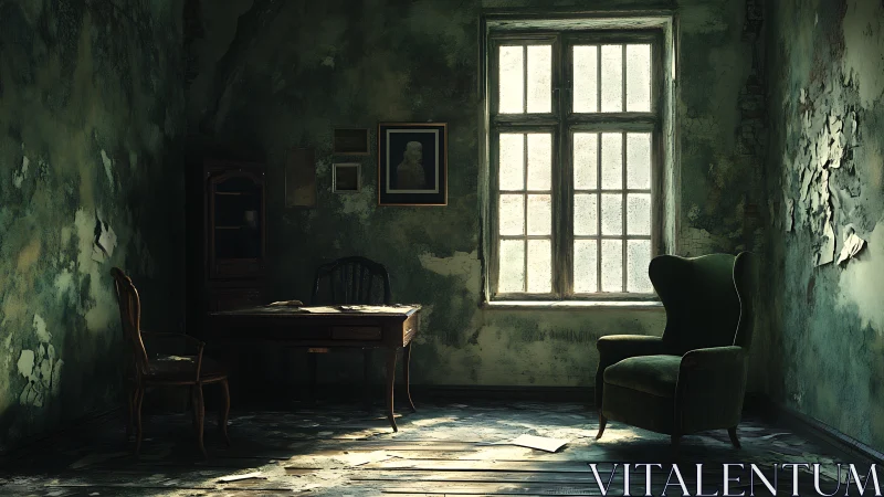 Decayed interior with desk, armchair and tall window.