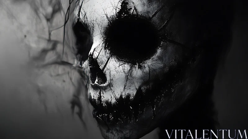 Haunting smoky skull emerges from darkness in stark monochrome.