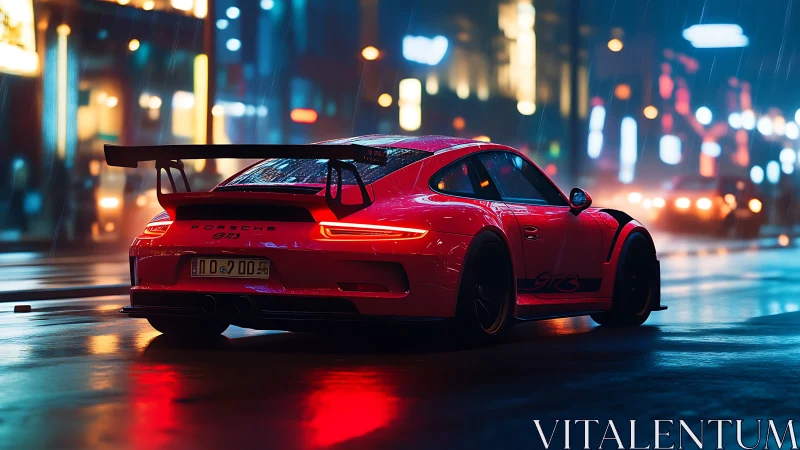 Red Porsche GT3 RS on wet neon city street at night.