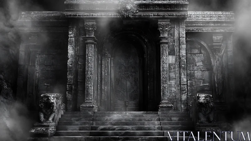Monochrome stone portal with lion guardians framed by dense fog